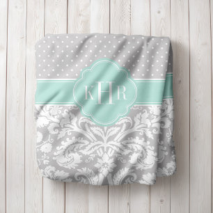 Grau und Minze Damask Polka Dots Monogramm Fleecedecke