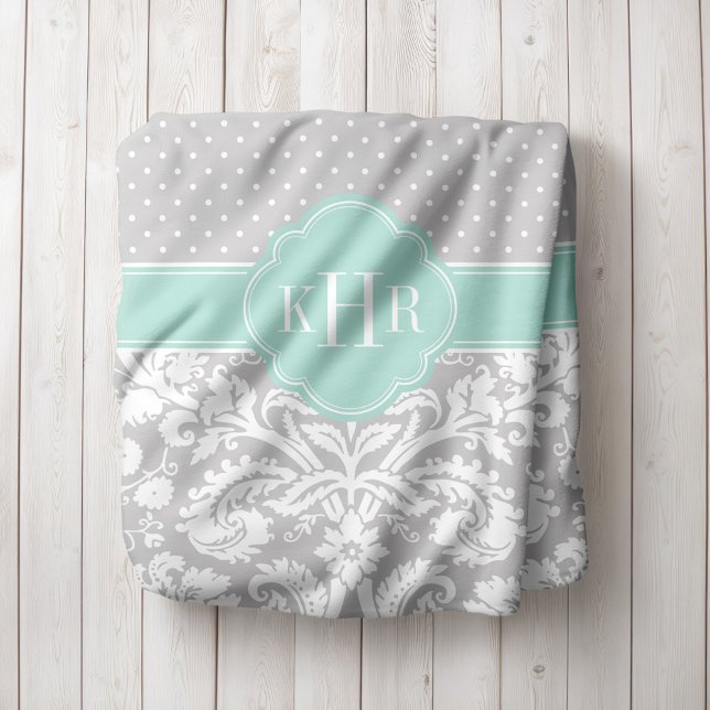 Grau und Minze Damask Polka Dots Monogramm Fleecedecke (Von Creator hochgeladen)