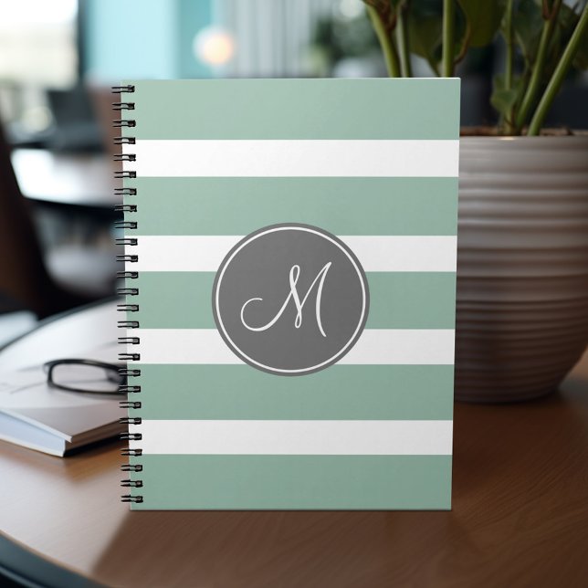 Grau-und Minzstreifen-Muster mit Monogramm Notizblock (Personalized notebook - add your name or other text)