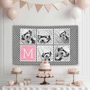Grau und Rosa 5-Foto-Collage mit Monogramm Banner