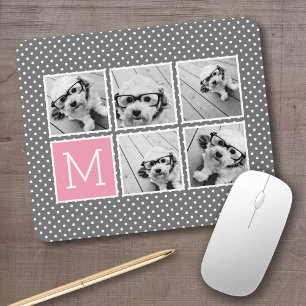 Grau und Rosa 5-Foto-Collage mit Monogramm Mousepad