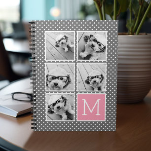 Grau- und Rosa-5-Foto-Collage mit Monogramm Notizblock