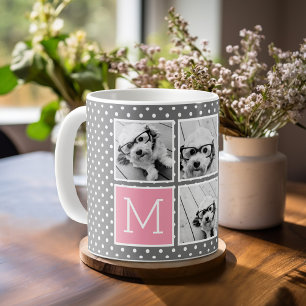 Grau- und Rosa-5-Foto-Collage mit Monogramm Tasse