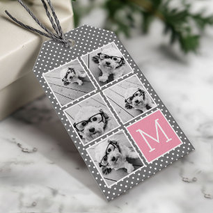 Grau und Rosa 5 Foto-Collage-Monogramm Geschenkanhänger