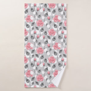 Grau und Rosa. Blumenmuster Badehandtuch