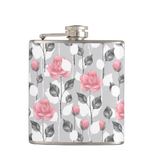Grau und rosa. Blumenmuster Flachmann
