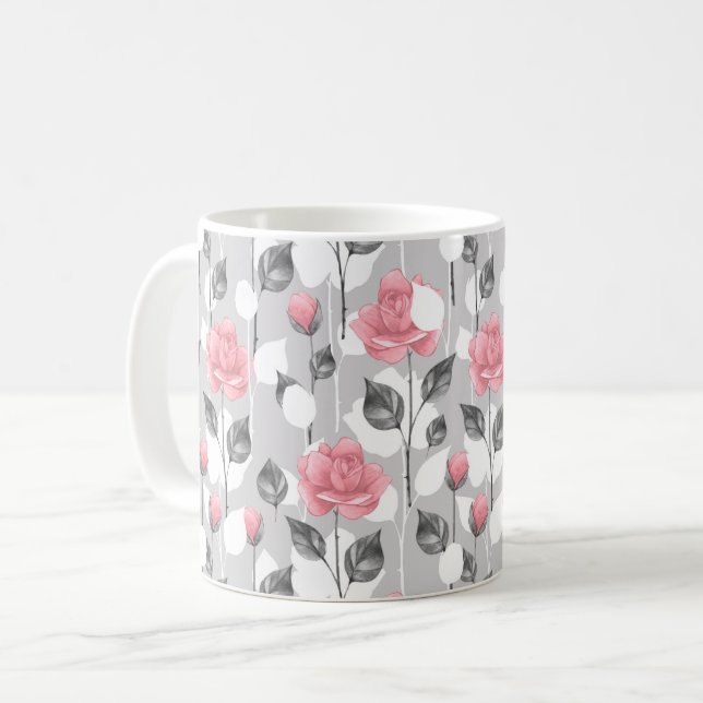 Grau und Rosa. Blumenmuster Kaffeetasse (Vorderseite Links)