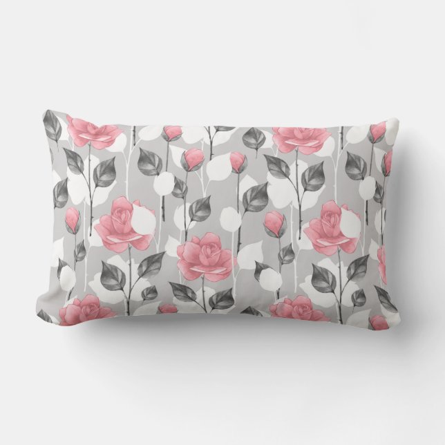 Grau und rosa. Blumenmuster Lendenkissen (Vorderseite)