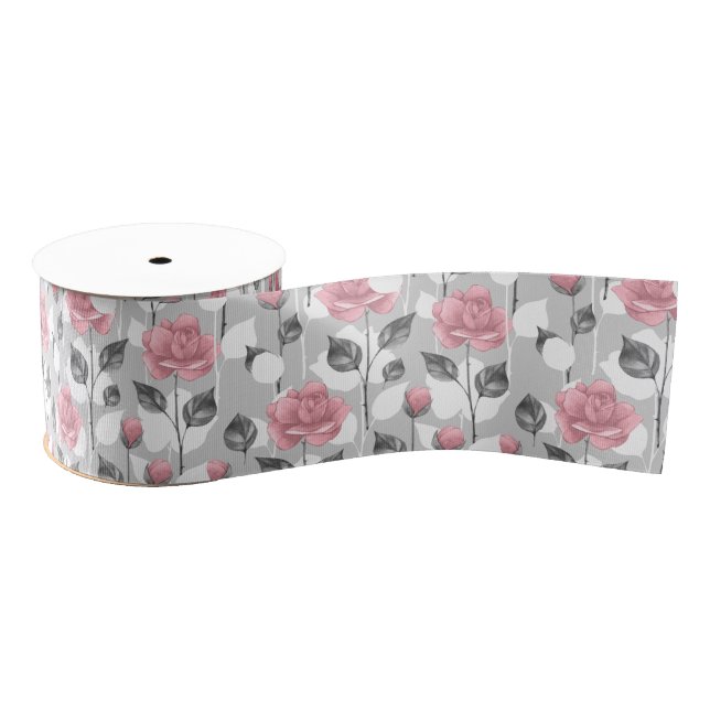 Grau und Rosa. Blumenmuster Ripsband (Spule)