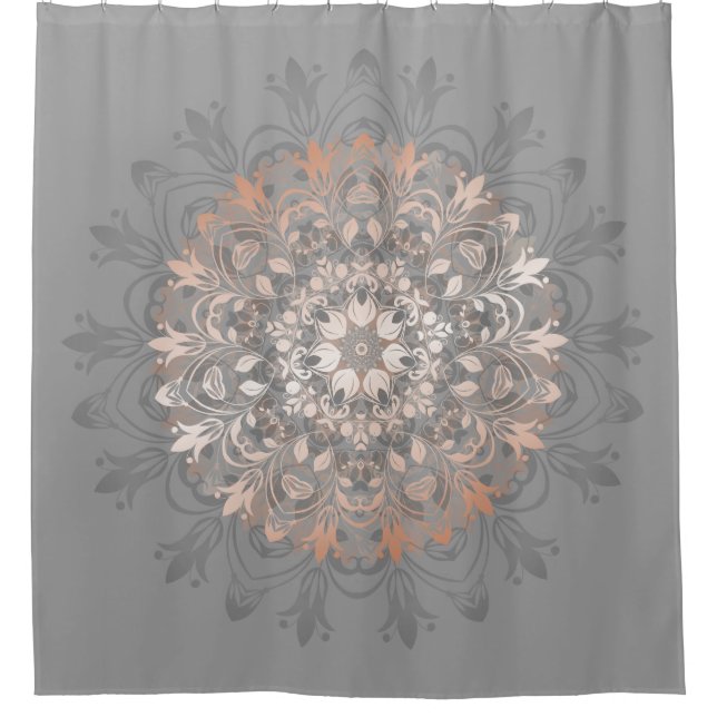 Grau und Rose Gold | Floral Mandala Duschvorhang (Vorderseite)