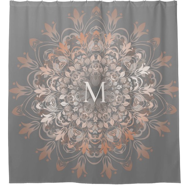 Grau und Rose Gold | Mandala Monogram Bath Mat Duschvorhang (Vorderseite)