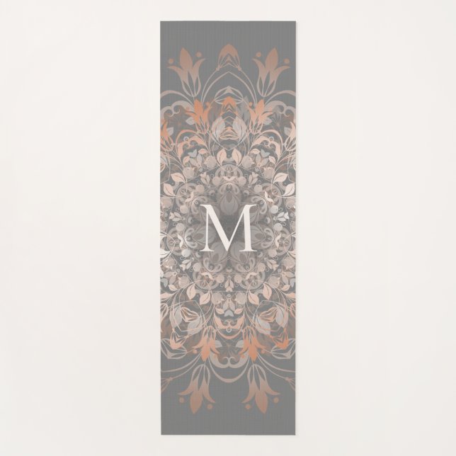 Grau und Rose Gold | Mandala Monogram Yogamatte (Vorderseite)