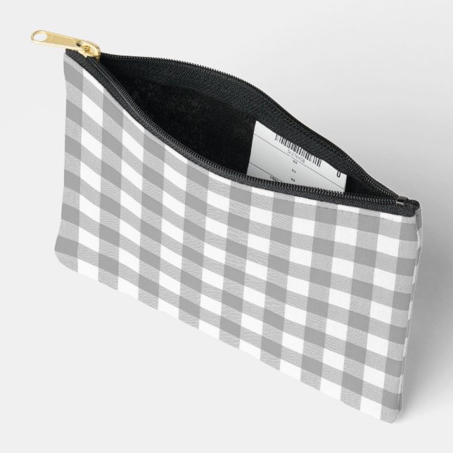 Grau und Weiß Gingham Zubehörtasche (Offen)