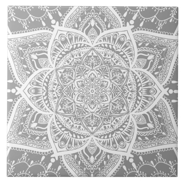 Grau und Weiß Mandala - Loergano Fliese (Vorderseite)