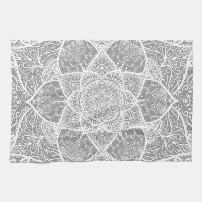 Grau und Weiß Mandala - Loergano Geschirrtuch (Horizontal)