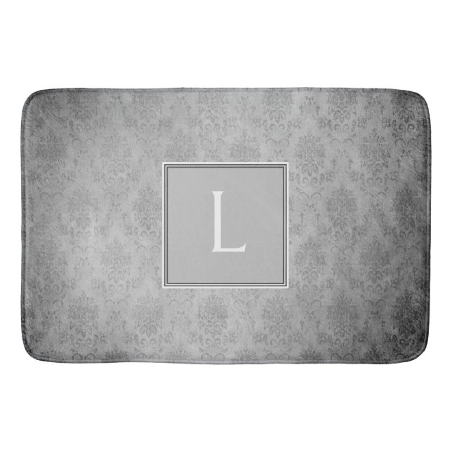 Grau-Vintag Damask Monogram Bath Mat Badematte (Vorderseite)
