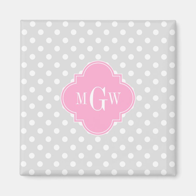 Grau Was Polka Dots Pink Quatrefolie 3 Monogramm Magnet (Vorne)