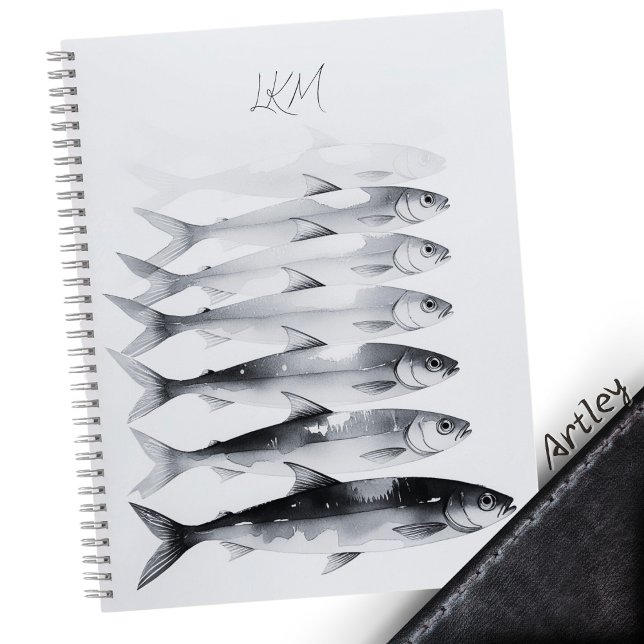 Grau Watercolor Sardine Art Custom Monogram Name Notizbuch (Von Creator hochgeladen)