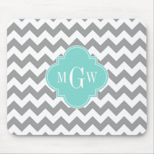Grau Weiß Chevron Aqua Vierblatt 3 Monogramm Mousepad