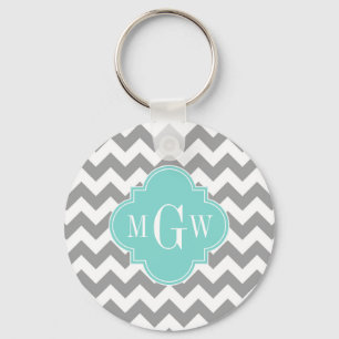Grau Weiß Chevron Aqua Vierblatt 3 Monogramm Schlüsselanhänger