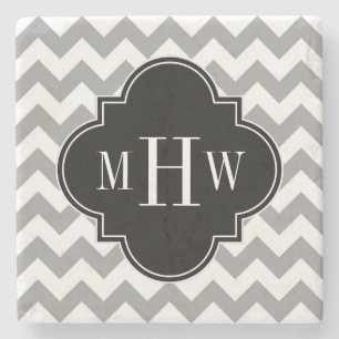 Grau Weiß Chevron Schwarz Vierpass 3 Monogramm Steinuntersetzer