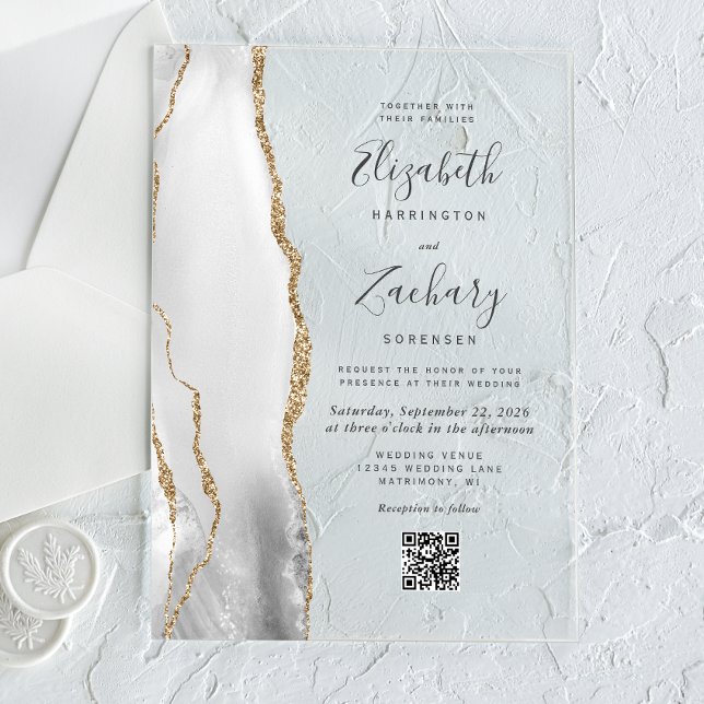 Grau Weiß Gold Achat QR Code Hochzeit Acryleinladungen (Von Creator hochgeladen)