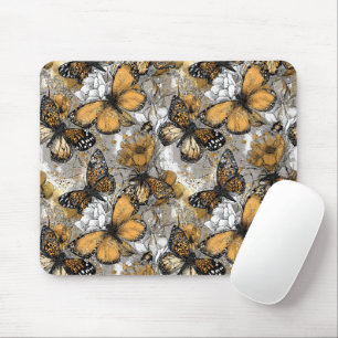 Grau Weiß Gold Florale Schmetterlinge Elegant Mousepad