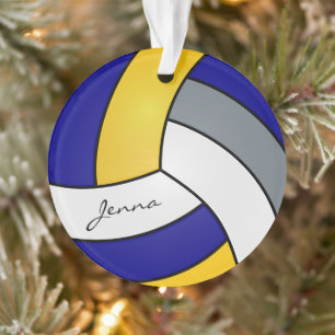 Grau, Weiß, Gold und Blauer Volleyball Ornament
