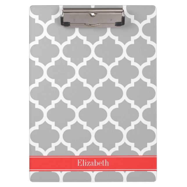 Grau-weiß-marokkanisch #5 Korallenrot-Monogramm Klemmbrett (Vorderseite)