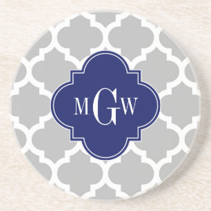 Grau Weiß Marokkanisch #5 Navy 3 Anfangsmonogramm Getränkeuntersetzer