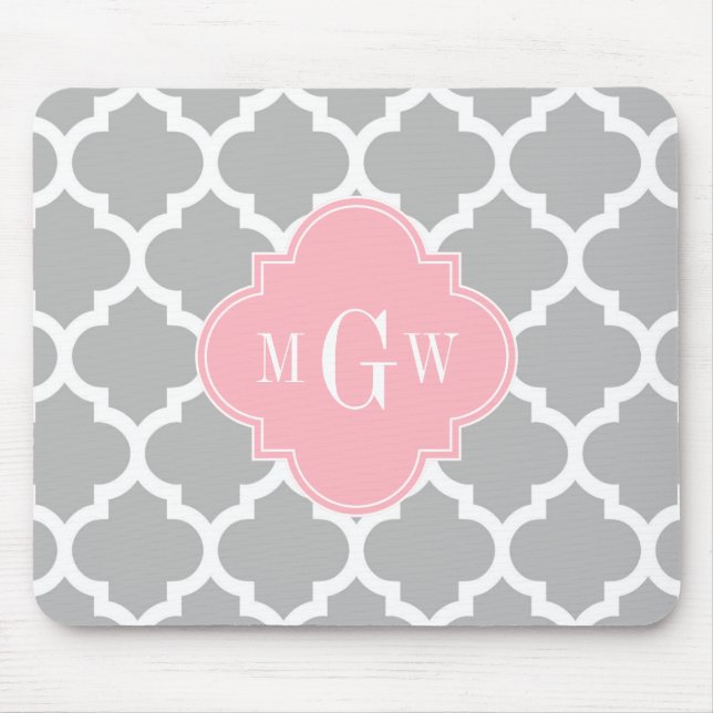 Grau weiß marokkanisch #5 Pink 3 Initial Monogram Mousepad (Vorne)