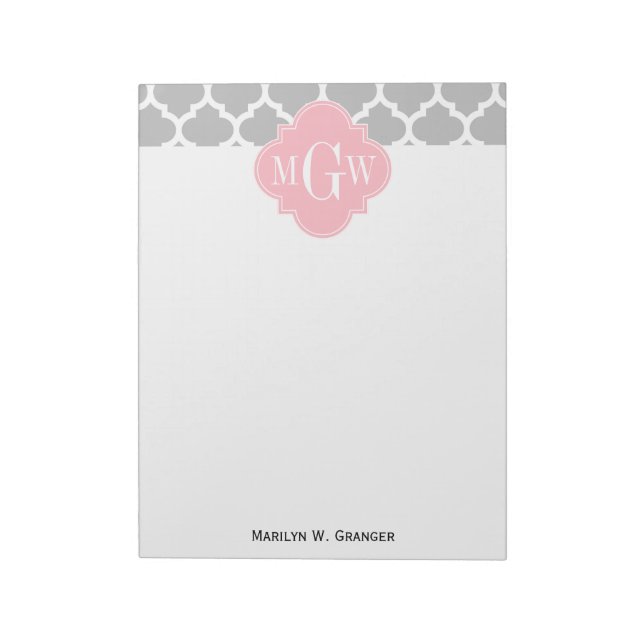 Grau weiß marokkanisch #5 Pink 3 Initial Monogram Notizblock (Rotiert)