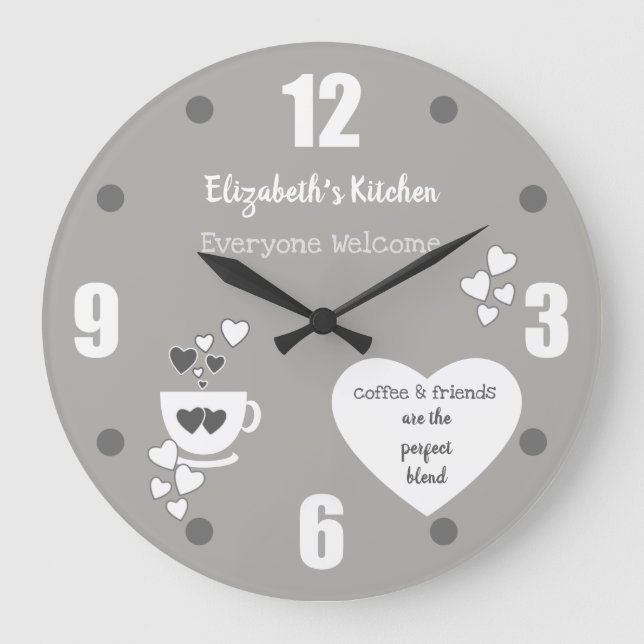 Grau-weiß mit einem Namen Kaffeetasse und Herz Große Wanduhr (Vorderseite)
