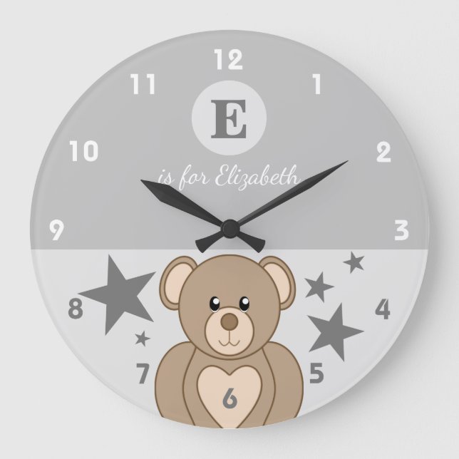 Grau-weiß mit einem niedlichen Teddy-Stars Babynam Große Wanduhr (Vorderseite)