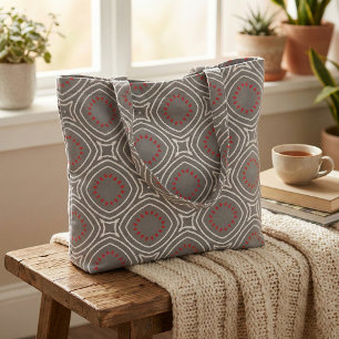 Grau-weiß-rotes Ethnic Boho Chic Geometric-Muster Stoff