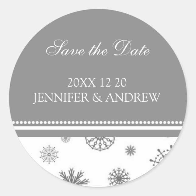 Grau-Weiß-Winter-Hochzeitsticker Save the Date Runder Aufkleber (Vorderseite)