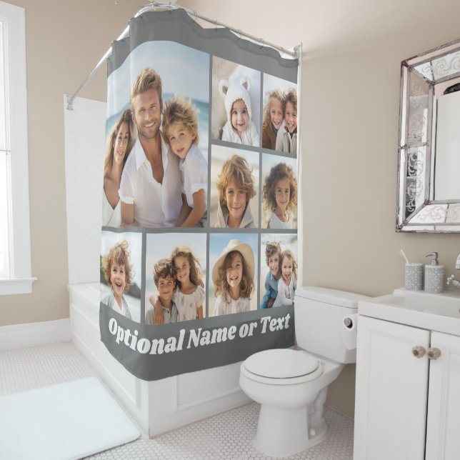Grau-weiße 9-FotoCollage mit Monogramm Duschvorhang (Beispiel)