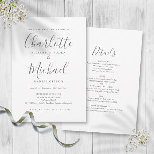 Grau-weiße einfache Chic-Script-Hochzeit Einladung