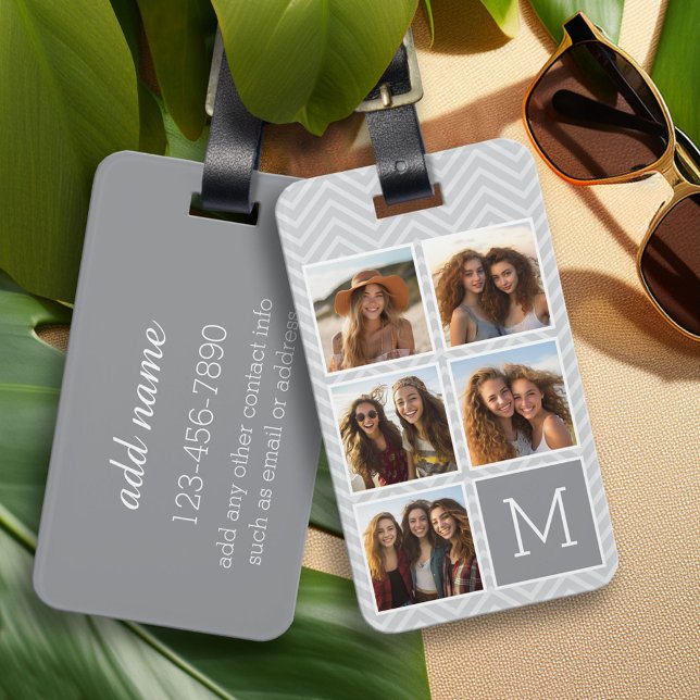 Grau-weiße Instagramm-5-Fotomaterial Gepäckanhänger (Personalized Photo Collage Luggage Tag)