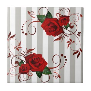 Grau-weiße Keramikfliese mit Streifen Rot florale 