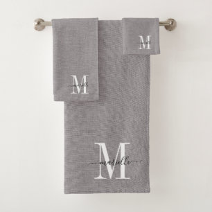 Grau-weiße Monogramm-Imitate Leinen Grau-Badehandt Badhandtuch Set