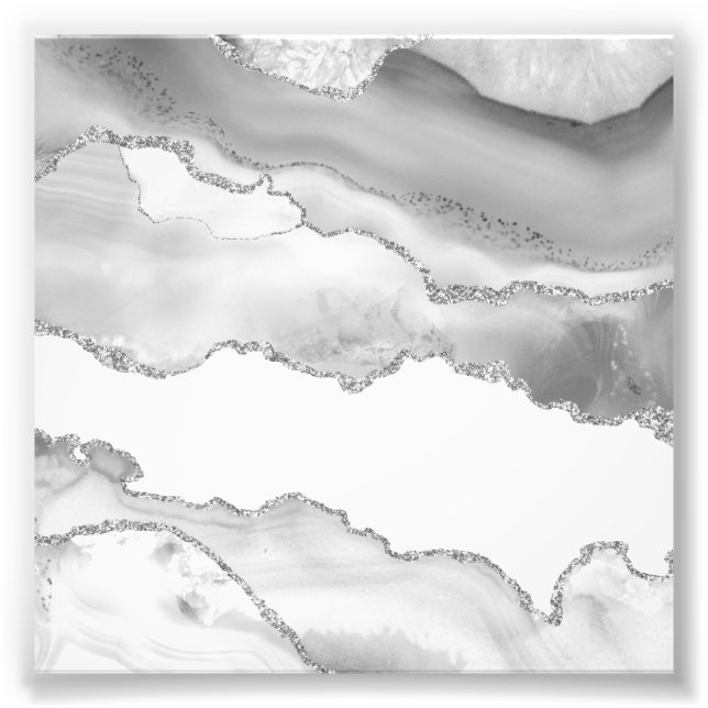Grau-weißer Marmor Agate Simple Silver Sparkle Fotodruck (Vorne)