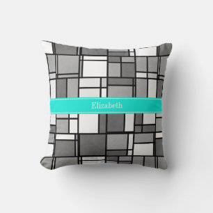 Grau-weißer Mondrian-inspirierter Aqua-Name-Monogr Kissen
