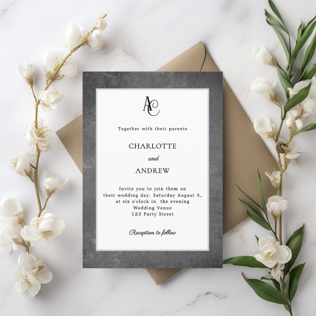 Grau-weißes modernes Monogramm rustikale Hochzeit Einladung (Von Creator hochgeladen)