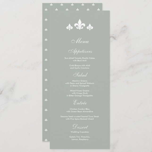 Grau | White Fleur-de-lis Wedding Menu Cards Menükarte (Vorne/Hinten)
