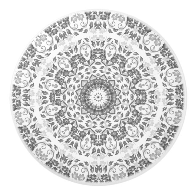 Grau White Floral Mandala Keramikknauf (Vorderseite)