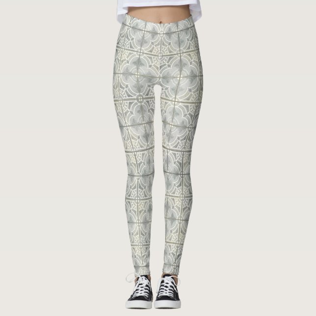 Grau White Geometric, Französisch Vintage Lilie Leggings (Vorderseite)
