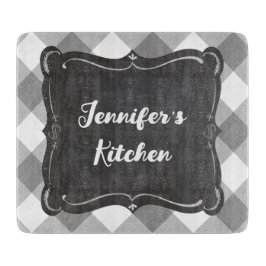 Grau White Gingham Bauernhof Name Schneidebrett