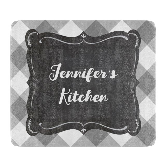 Grau White Gingham Bauernhof Name Schneidebrett (Vorderseite)