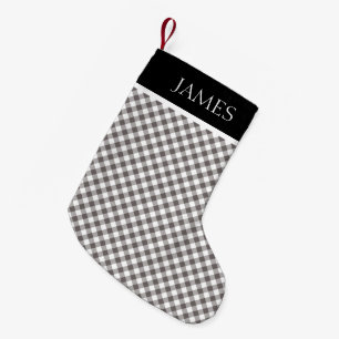 Grau White Gingham Black Collar Individuelle Name Kleiner Weihnachtsstrumpf
